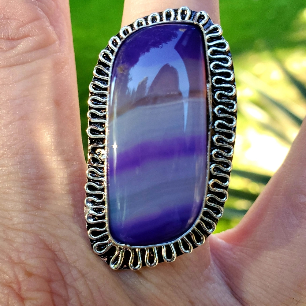 **$15 Sale** New Purple Stripes Agate 925 Silver Ring. - Picture 2 of 10